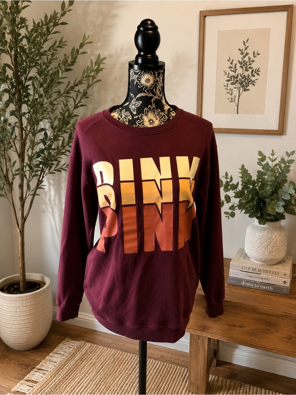 PINK Victoria's Secret Maroon Ombre Logo Crewneck Sweatshirt